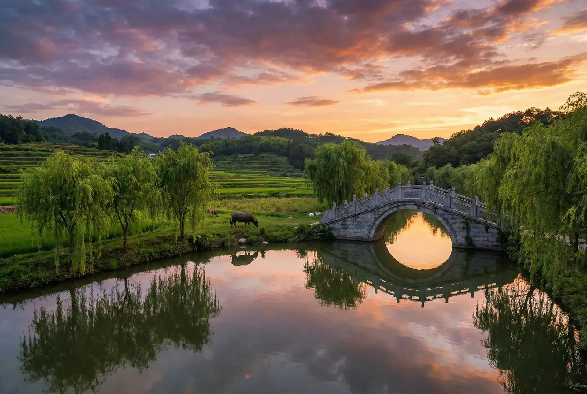 夕阳下的石拱桥与垂柳，水牛在河边吃草 - 7700k 乡村美景